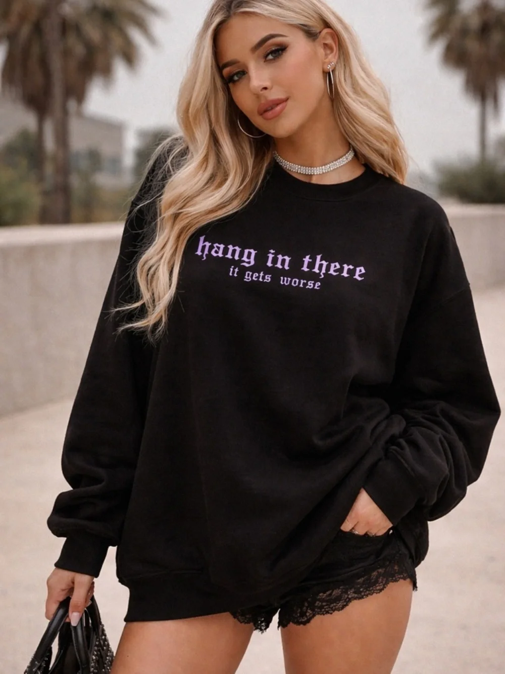 Black Graphic Sweatshirt 🖤 “Hang in There It Gets Worse” • Unisex L